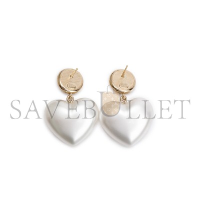 CHANEL GOLD PLATED FAUX PEARL STRASS CC HEART DROP EARRINGS 
